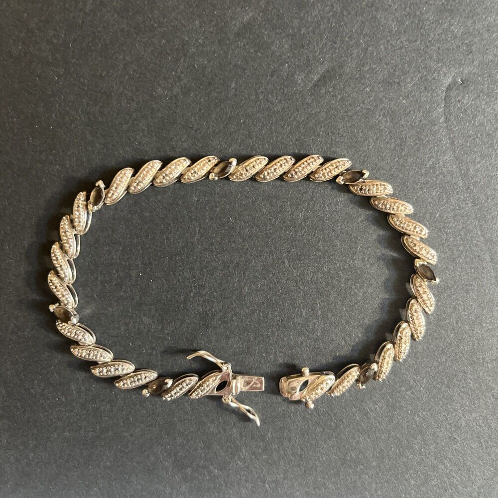 San Marcos Macaroni 925 SS Tennis Bracelet Smoky Quartz Stones Box Clasp 1990s